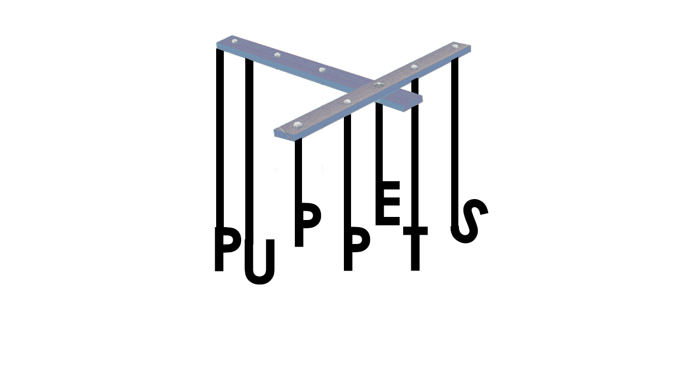Palavra Puppets com linhas puxando as letras de forma desordenada